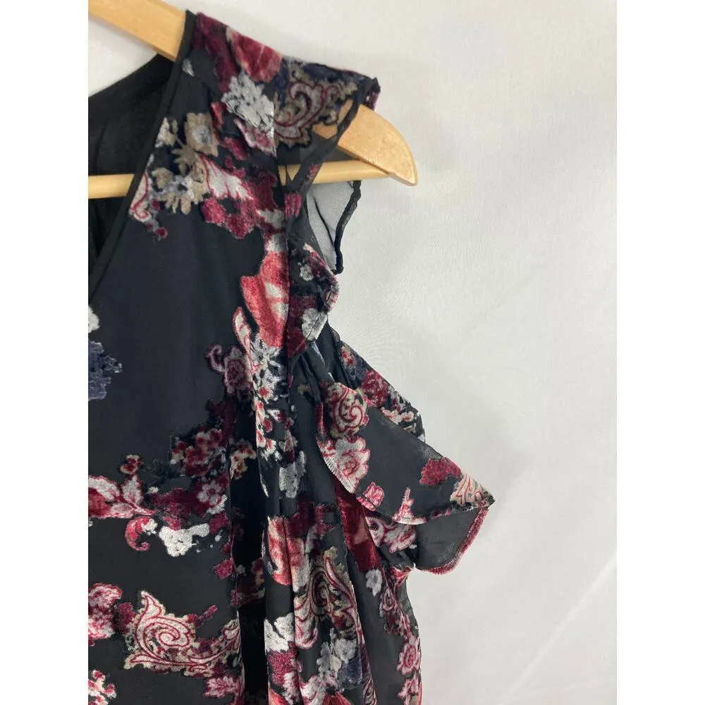 WHBM Floral Print Velvet Cold Shoulder Ruffle Blouse Size 0 - Image 3