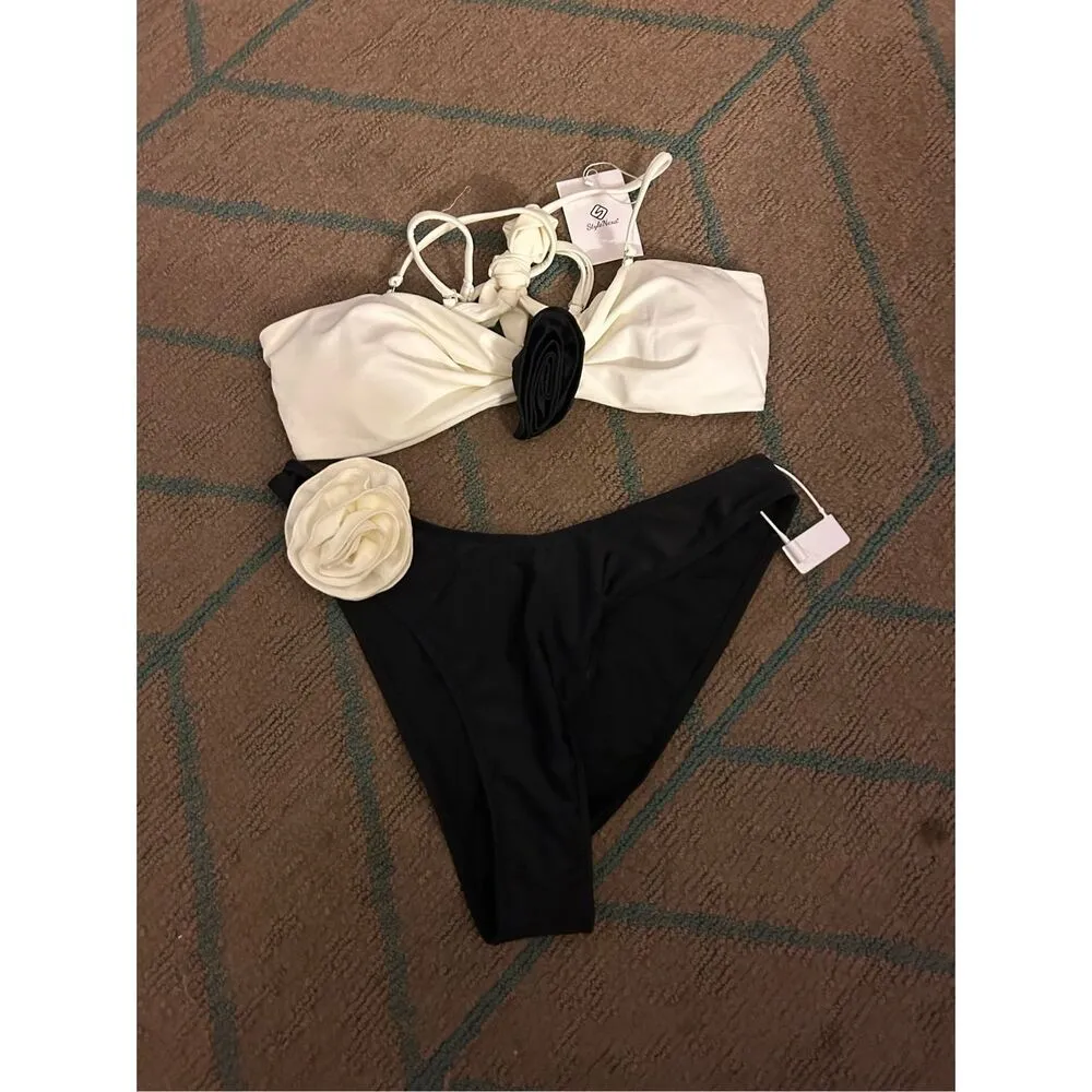 NEW~ 2 Pc 3D Rose Bandeau Bikini Swimsuit Bathing Suit Beachwear M Black Size M - Image 3