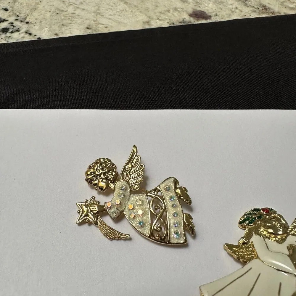 Lot Of 2 Christmas Holiday Angels Brooch Pin Gold Tone / Off White Cream - Image 2
