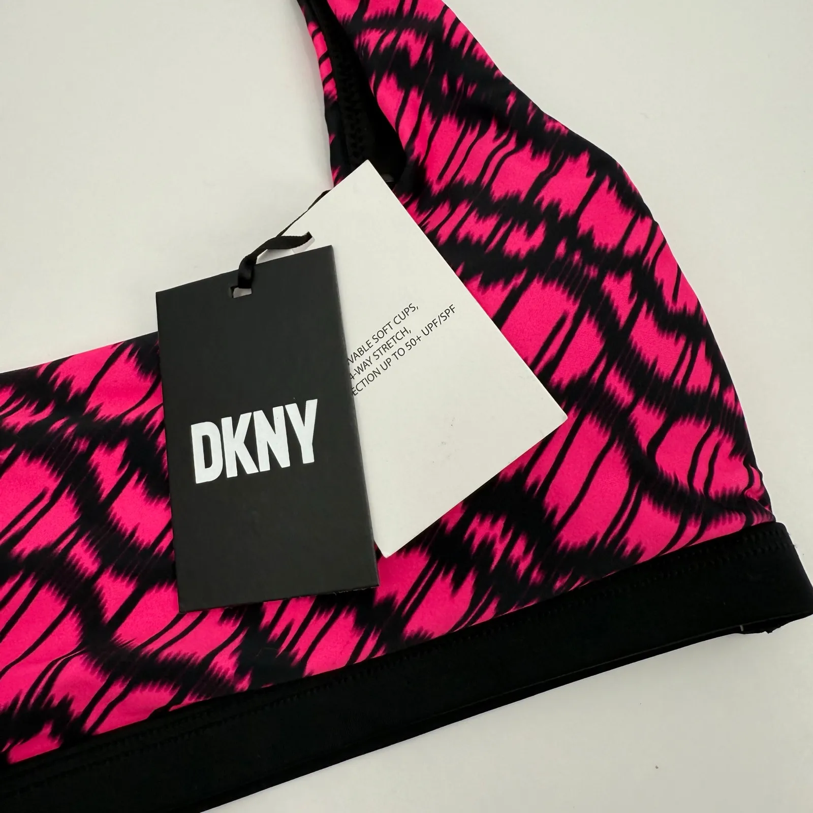 DKNY Bikini Top Size Small NWT Printed Square Neck Hot Pink Black Swim Sporty - Image 5