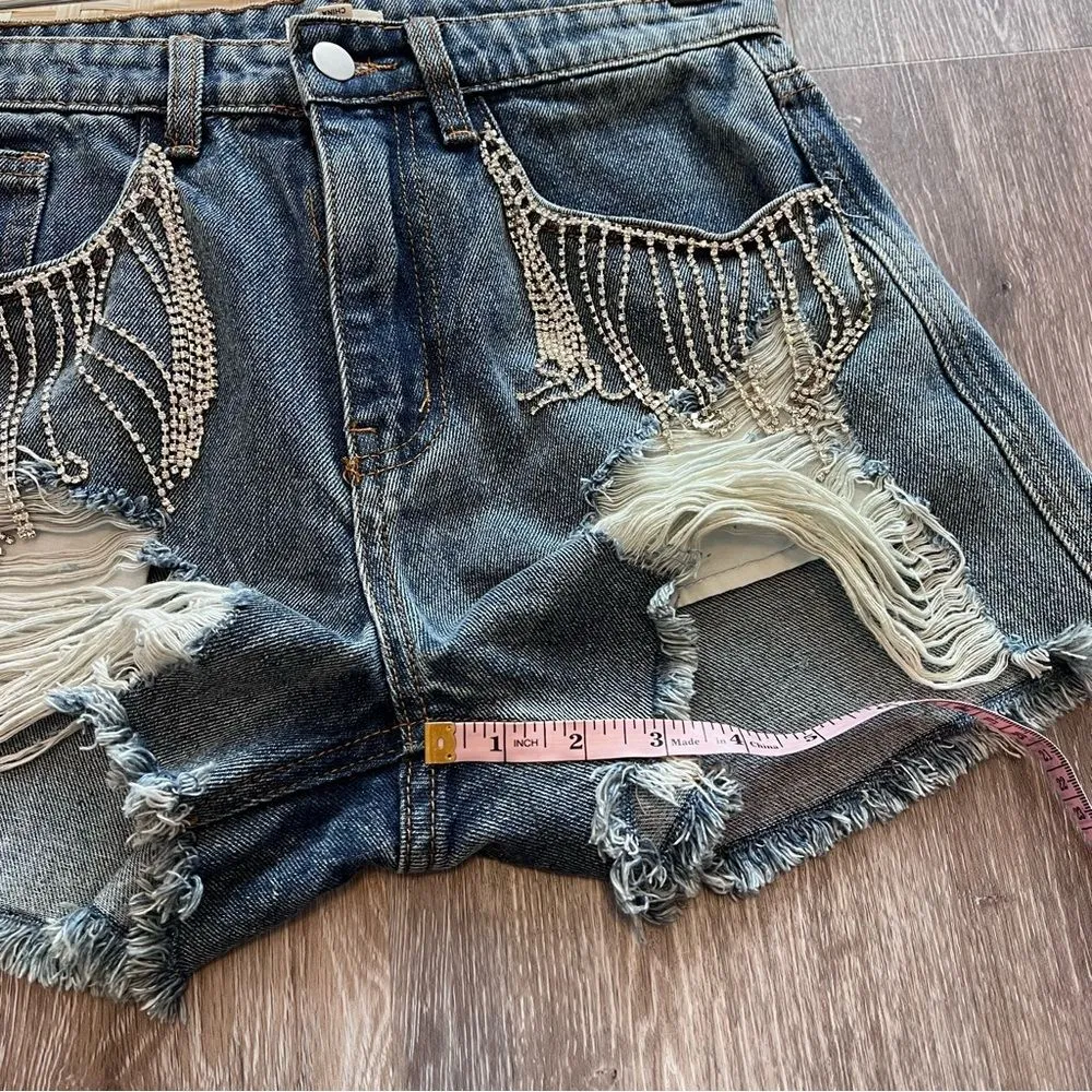 POL‎ denim rhinestone fringe shorts festival cowgirl womens size S - Image 4
