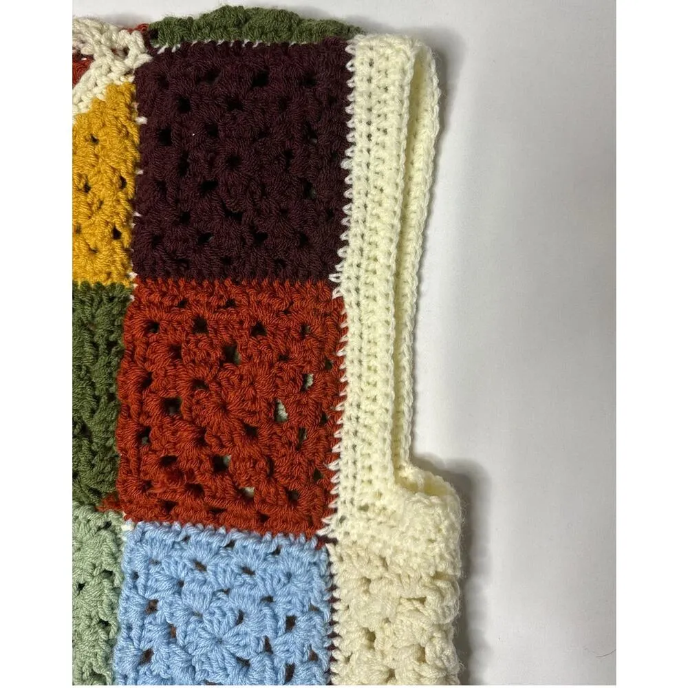 Vintage OOAK Handmade Crocheted Patchwork Hippie crop Vest Multicolor medium Brown - Image 3