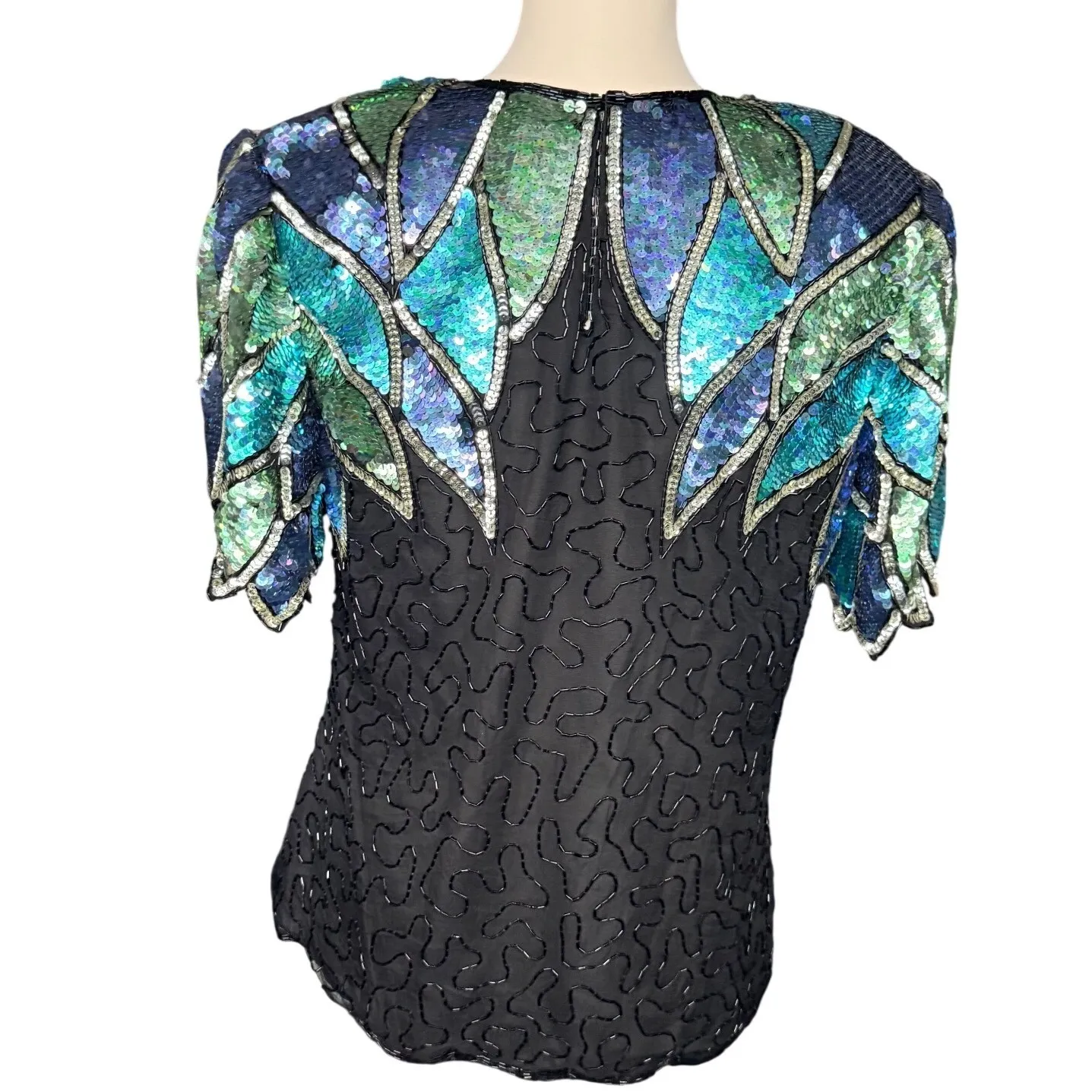 Vintage Laurence Kazar New York Embellished Sequin Silk Blouse Top M peacock Black Size M - Image 6