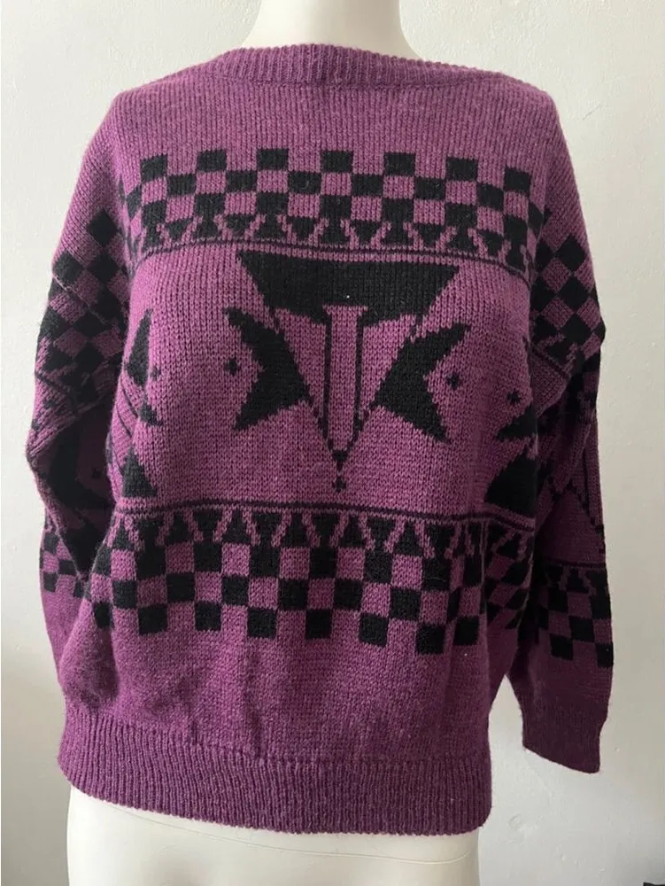 Vtg Esprit womens sweater S aztec purple geometric wool punk grunge alternative - Image 1