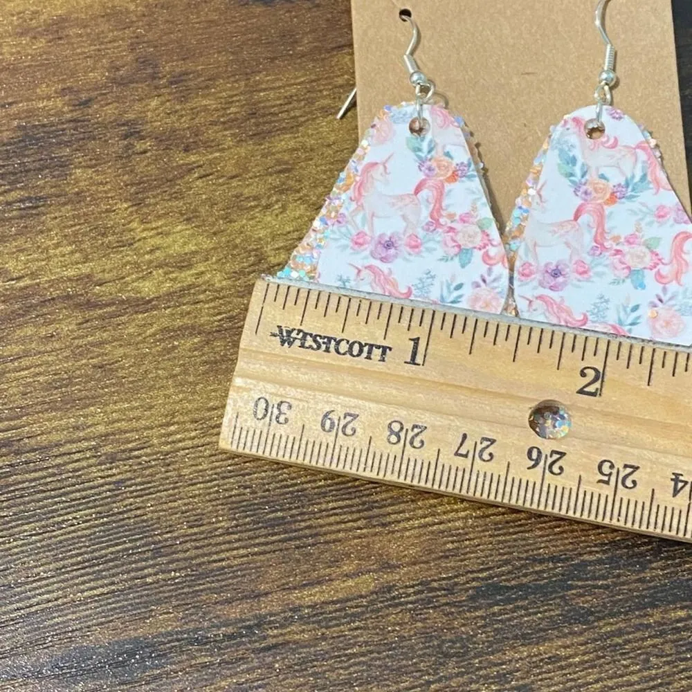 Women's Glitter Unicorn‎ Earring Set Dangle And Studs Peach Set Vegan Leather - Image 7