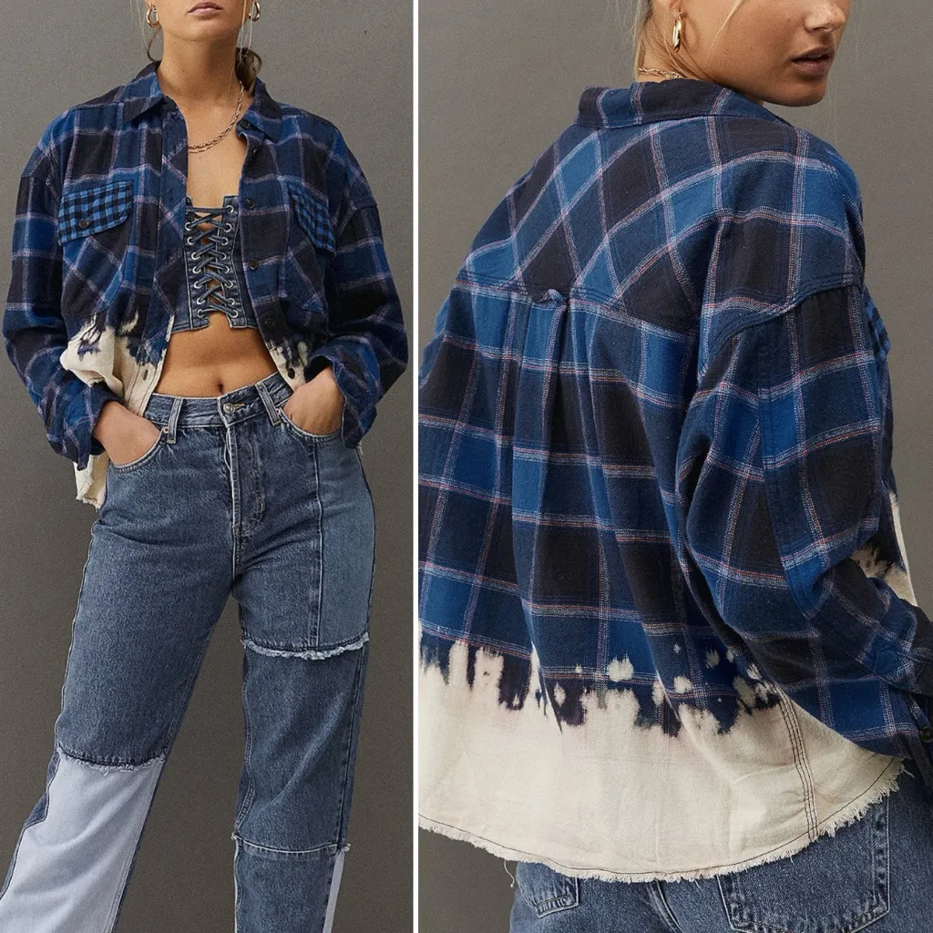 BDG Rayne Flannel Bleached Mixed Button Up Shirt UO Urban Outfitters - Sz L 💕🎀 - Image 3