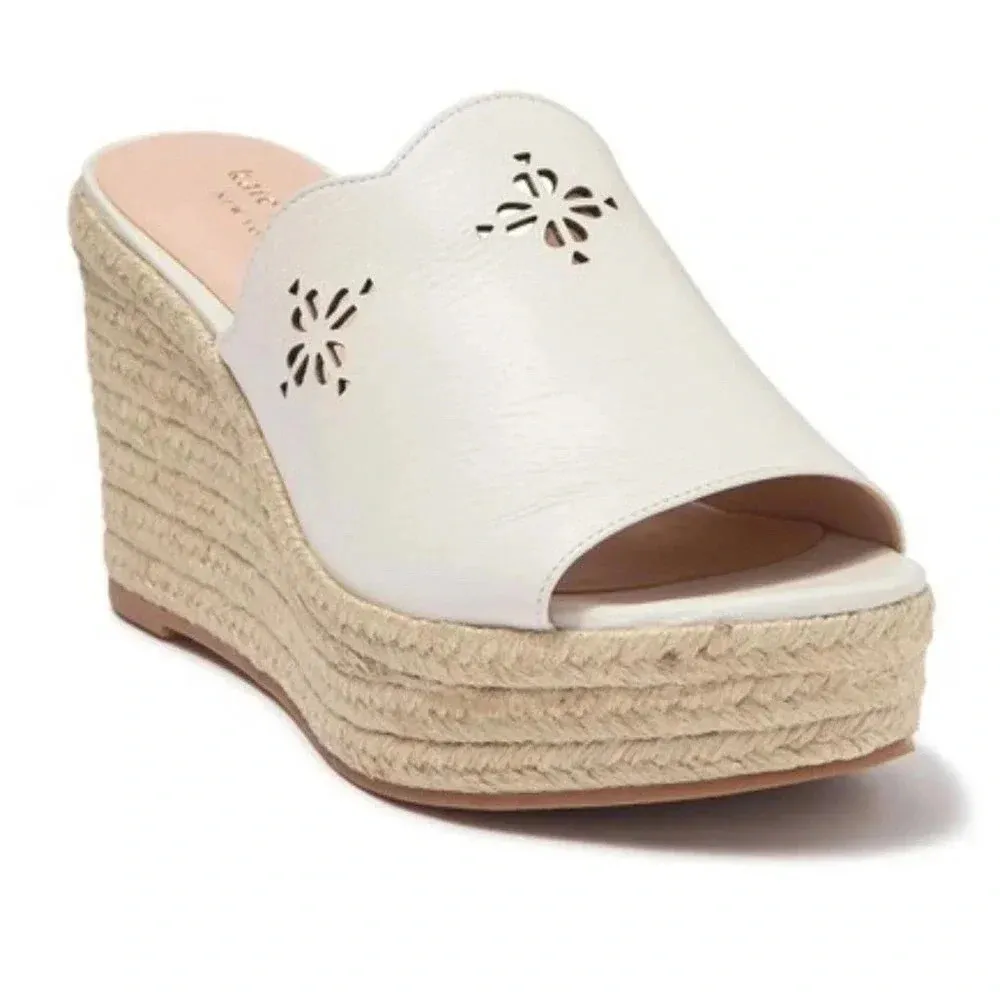 Kate Spade Tia Espadrille Wedge Sandals - Leather Slides Laser Cutout - Image 8