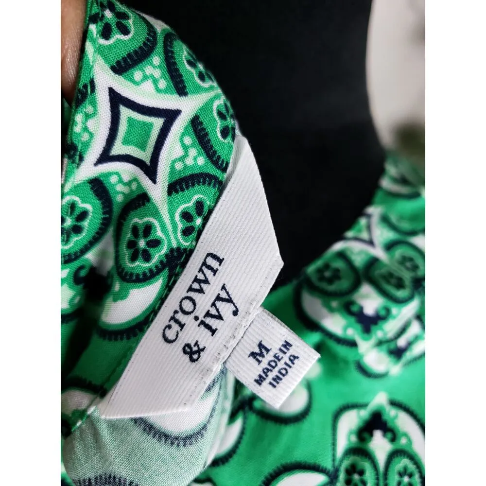 Crown & Ivy Top Women Size M Green & White 100% Rayon V-Neck Sleeveless Rope - Image 8