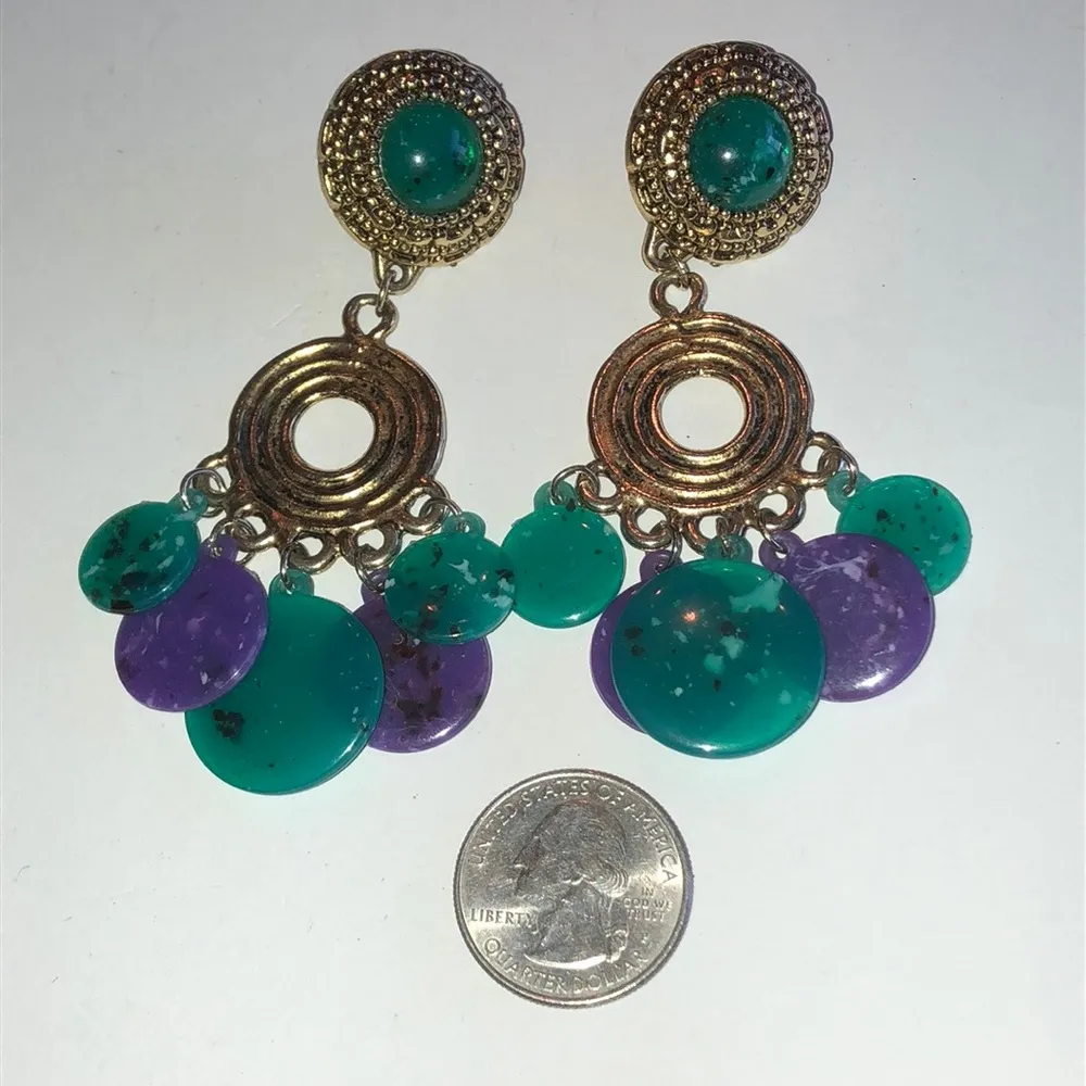 Vintage Brass Tone & Turquoise Color Purple Dangling Boho Pierced Earrings - Image 4