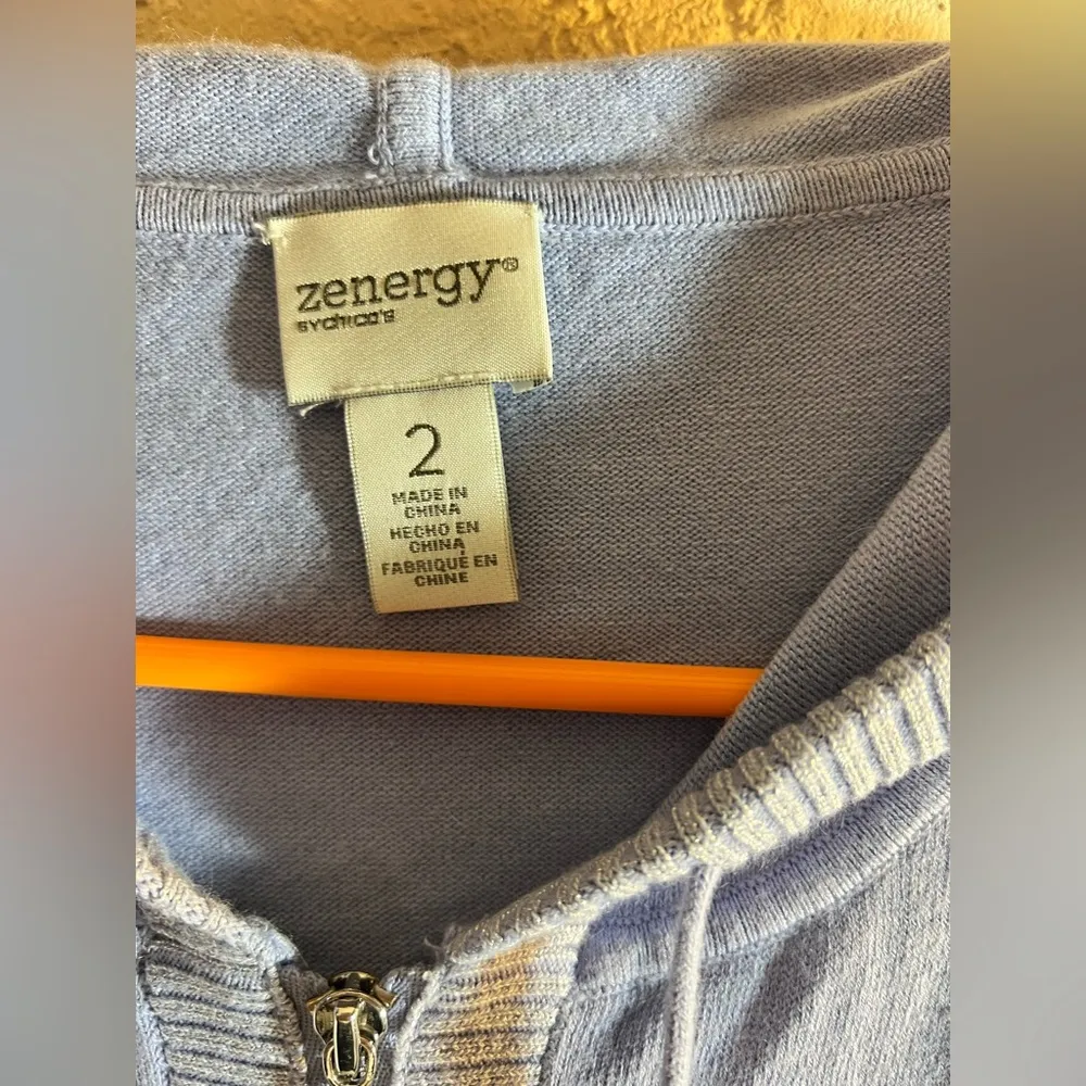 Chico’s Light Blue Zip-Up Hoodie by Zenergy w metallic trim, silver zip, pockets - Image 2