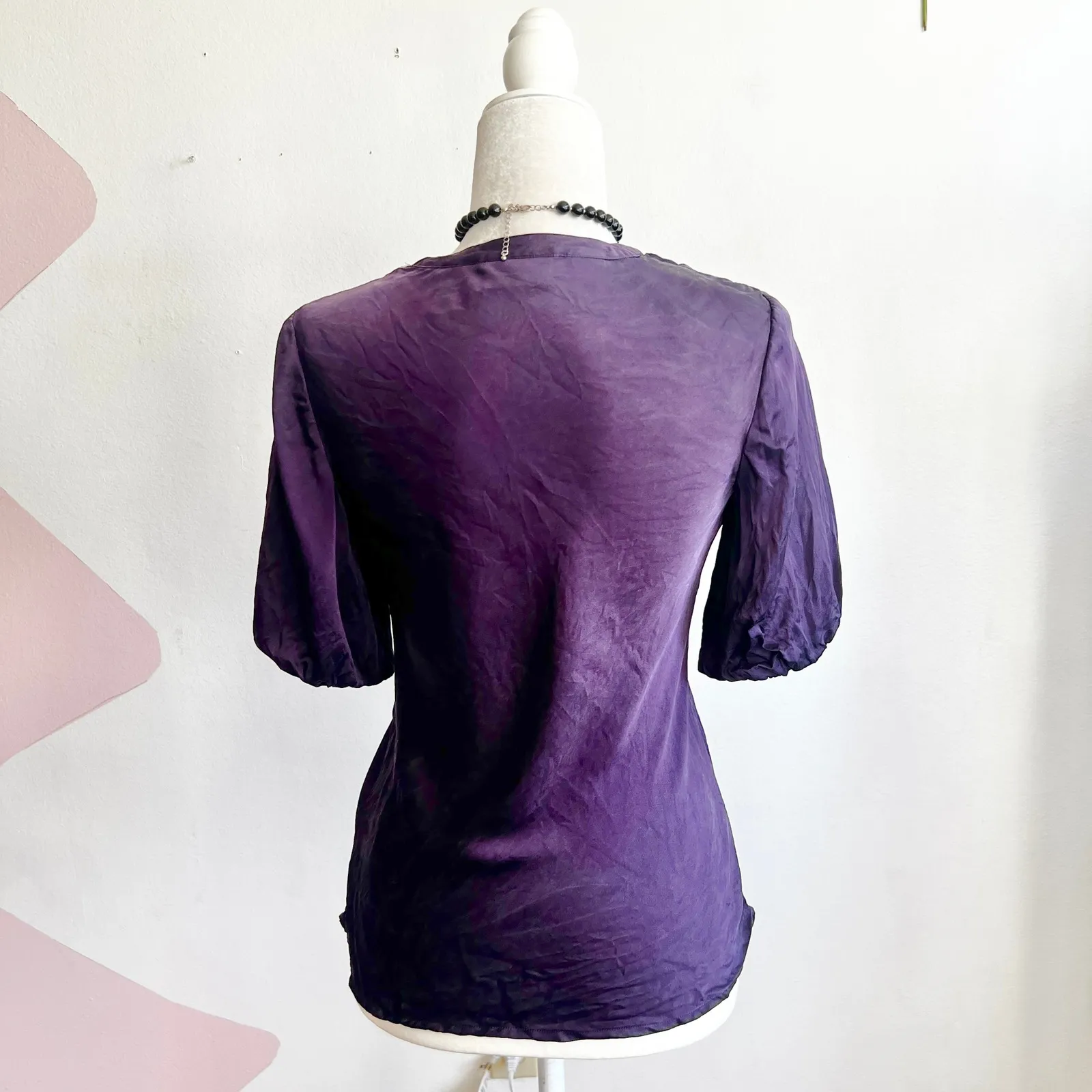 Thomas Pink Purple 100% Silk Blouse Pleated V Neck Short Sleeve Women's 8 - Image 2