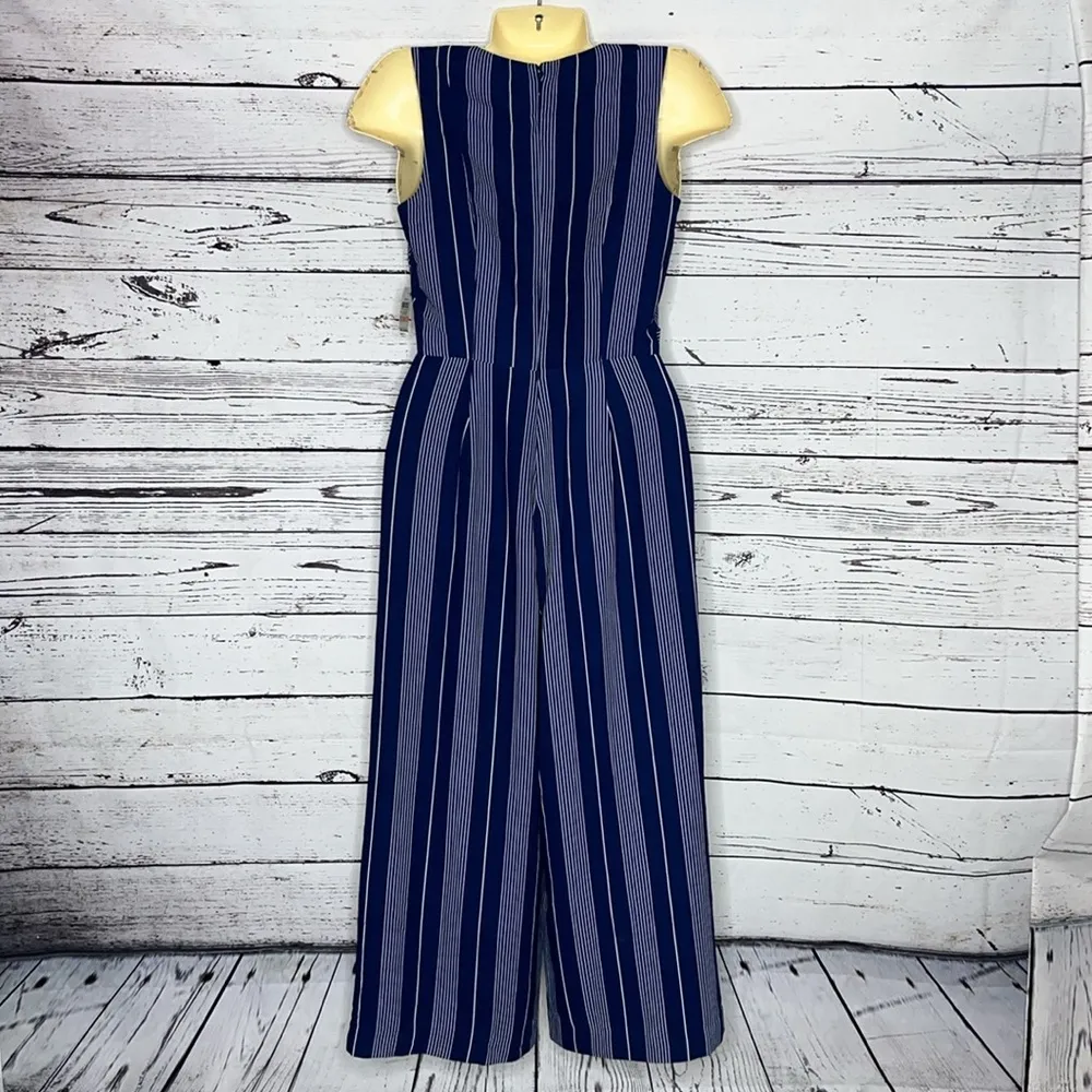 Maison Jules NWT Size 2 Blue & White Band Stripe One Piece Crop Pant Jumpsuit - Image 3