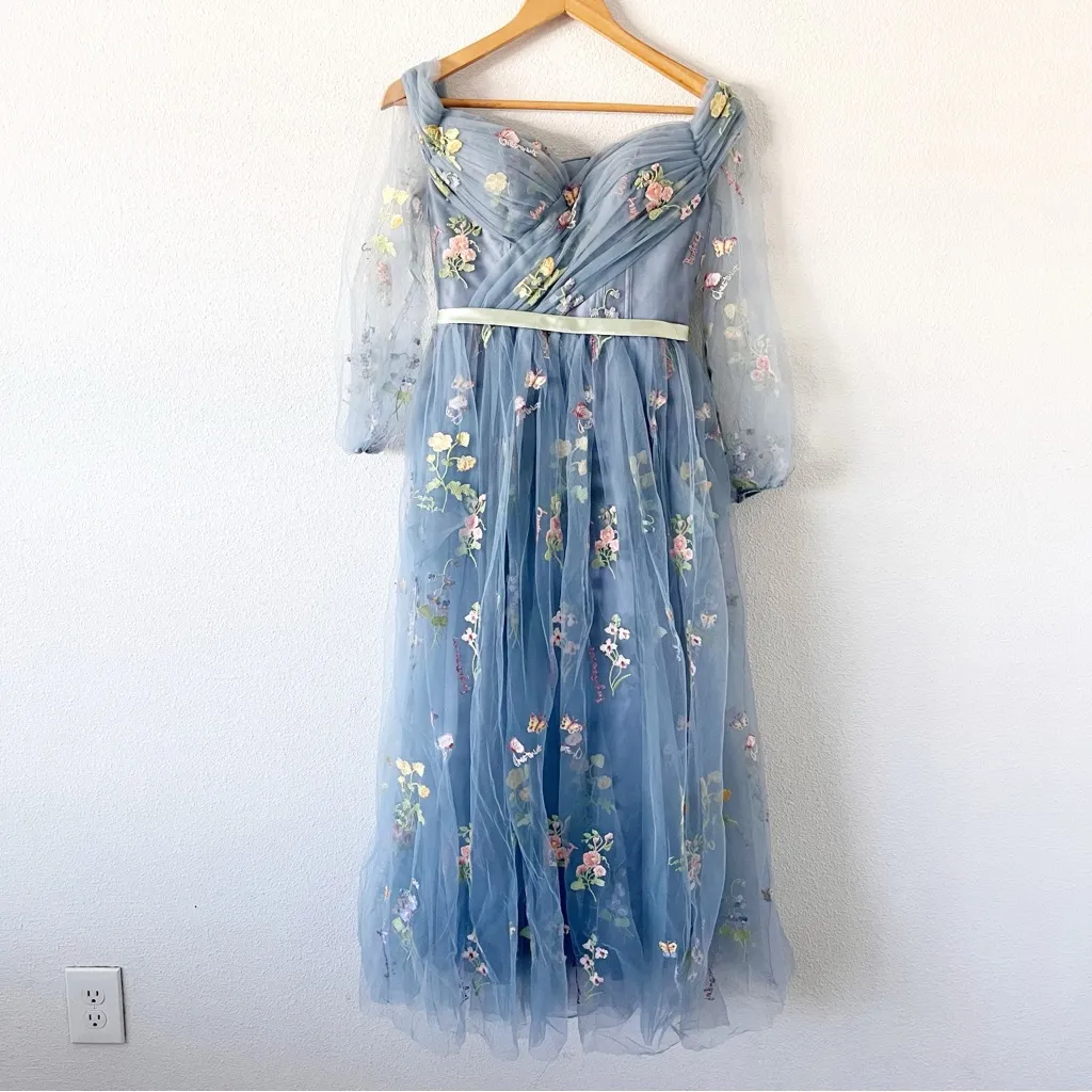Unbranded Tulle Floral Embroidered Midi Gown Dress in Slate Blue Size 6 - Image 3
