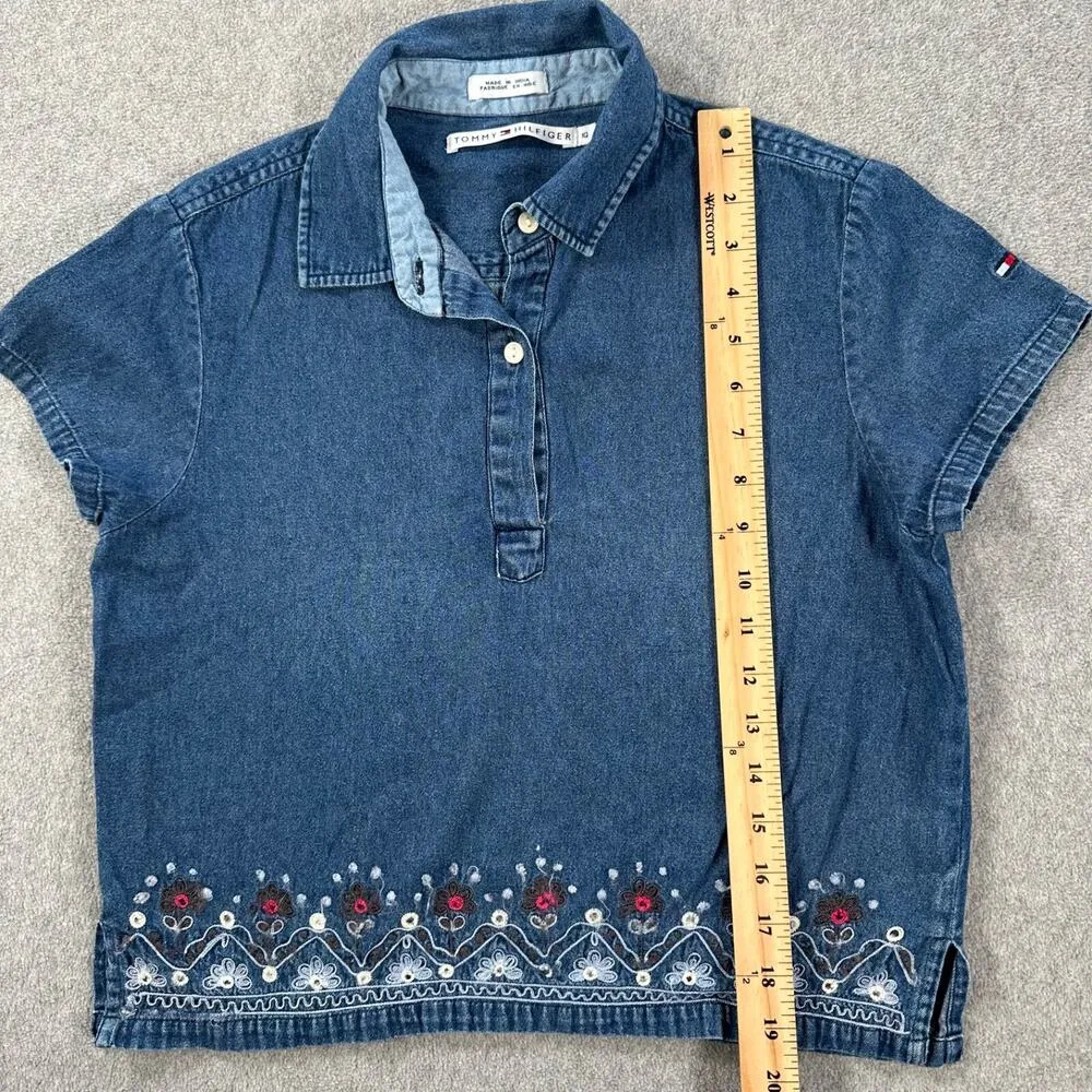 Tommy Hilfiger Floral Embroidered Blue Jean Denim Blouse Women's 10 Short Sleeve - Image 6