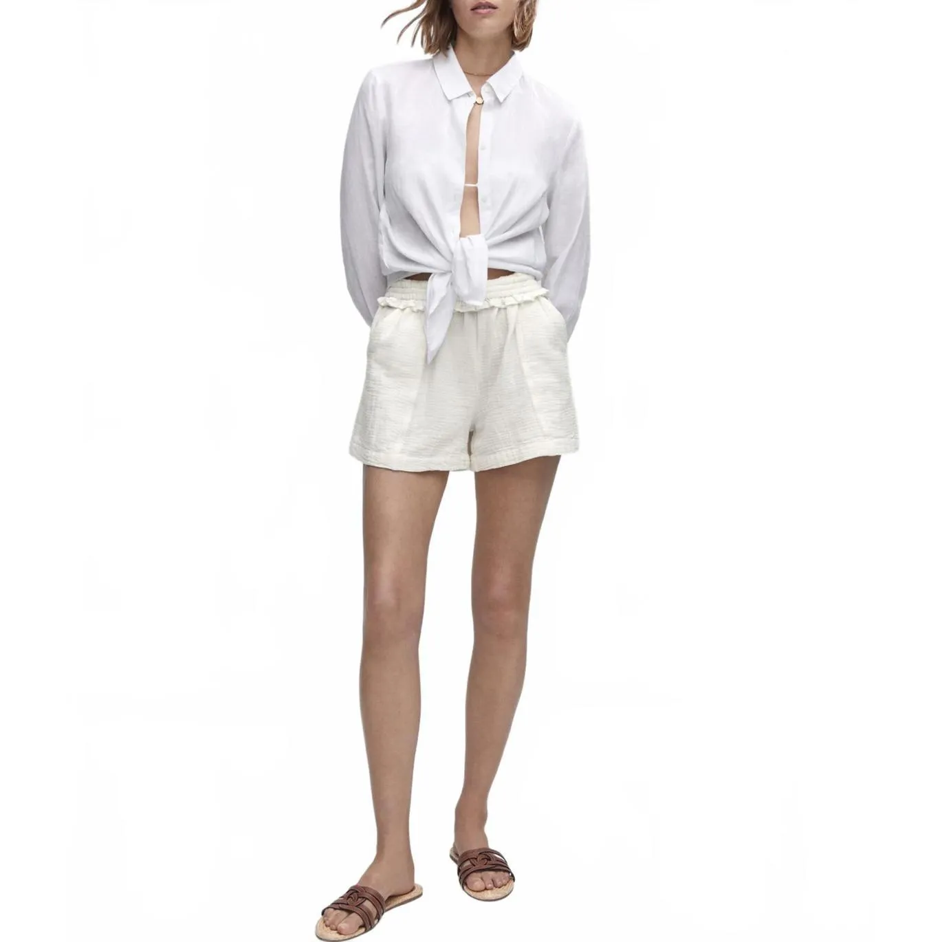 Mango 100% Gauze Cotton Paperbag Textured Shorts Julie Off White NWT Large - Image 3