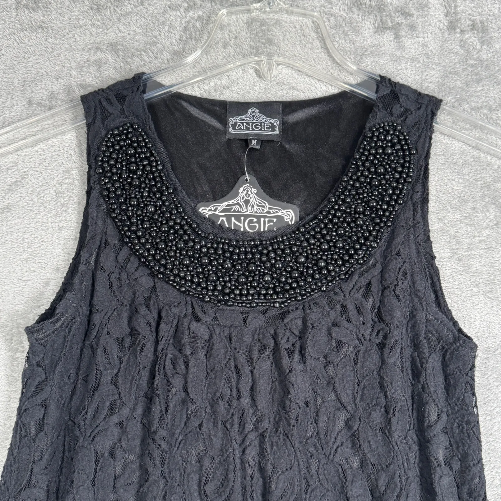 Angie Dress Womens M Black Lace Beaded Neck‎ Sleeveless Shift Cocktail Party - Image 4