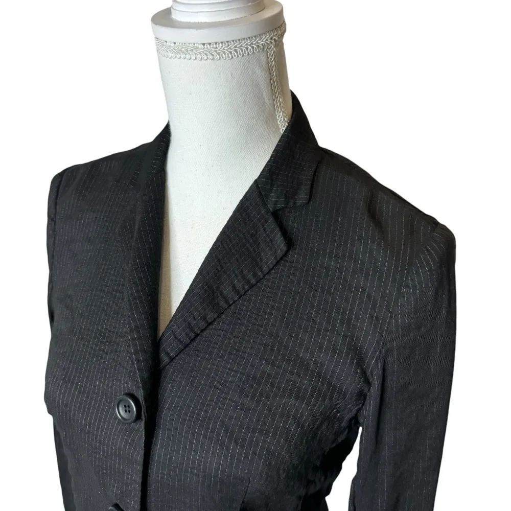 Theory Pinstripe Blazer Jacket Linen Blend Black 4 - Image 3
