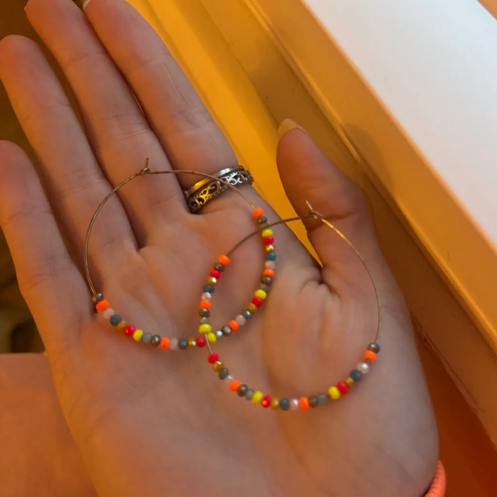 Colorful Beaded Hoop Earrings Yellow - Image 3