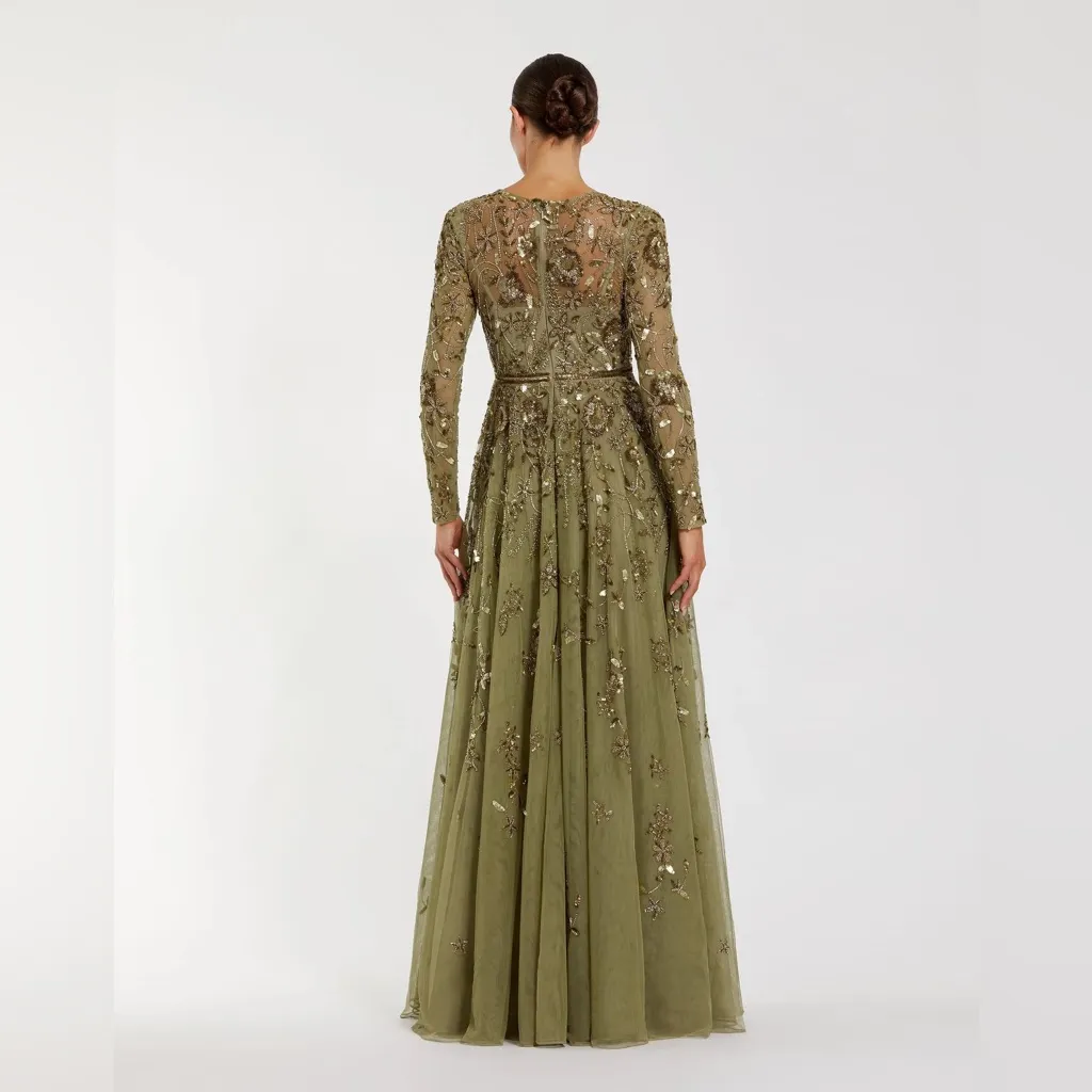 Mac Duggal 6182 Green Long Sleeve Hand Embellished Floral A-line Gown - Image 5