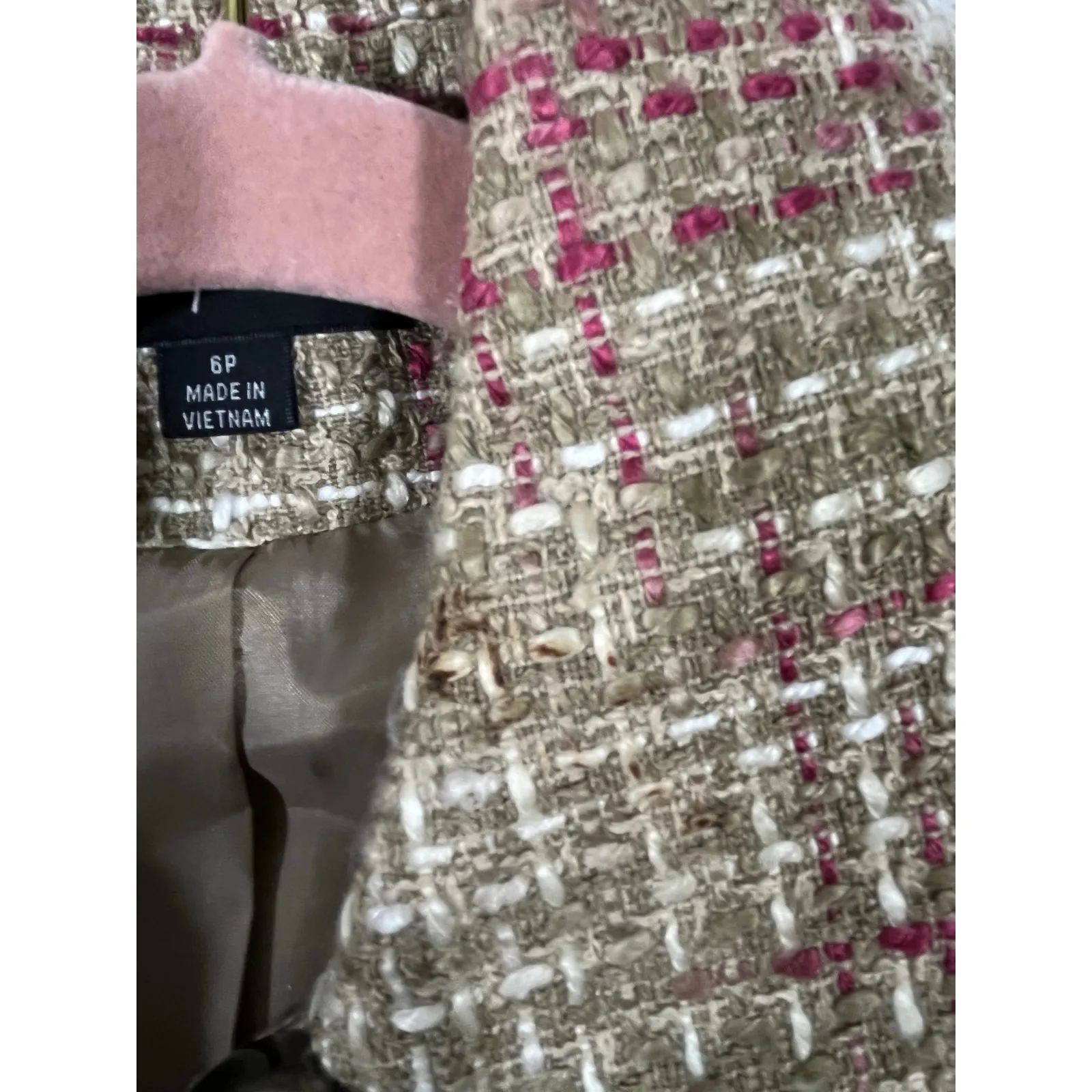 Josephine Petite Womens Tweed Blazer Jacket Tan Pink White Button Front 6P Gold - Image 12