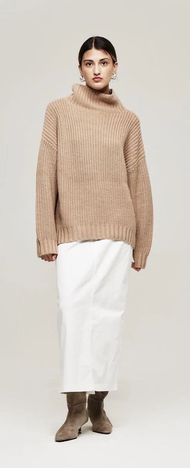 THE RESET The Max Mock Neck Seed Beige Chunky Knit Turtleneck Sweater Size S Tan - Image 1