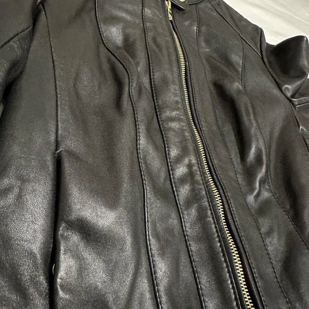 Women’s Cold Haan Genuine Lamb Skin Leather Zip Up Jacket Black Size XS - Image 13