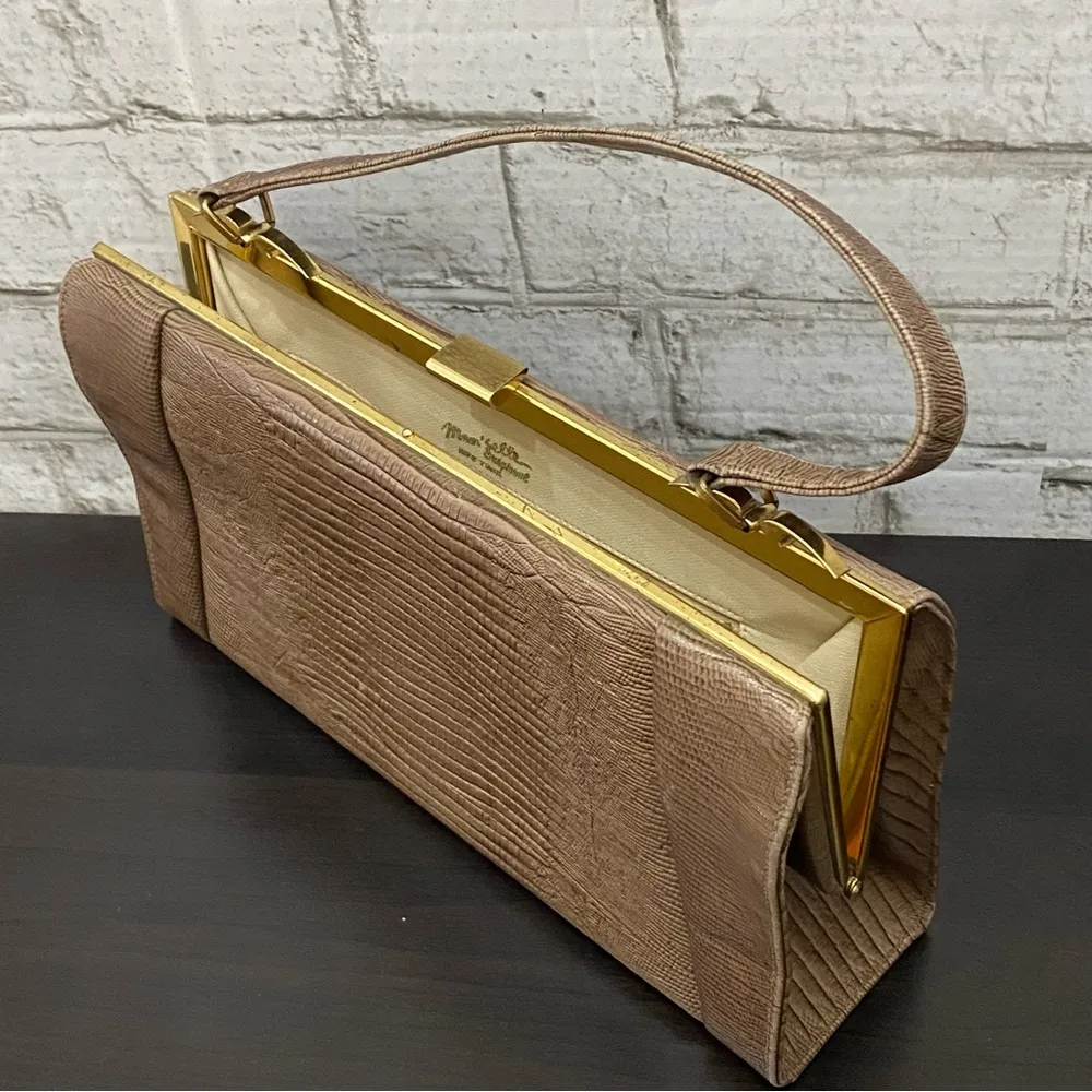 Vintage Mam 'Selle New York MidMod Lizard Textured Leather Tan Clutch Handbag - Image 5