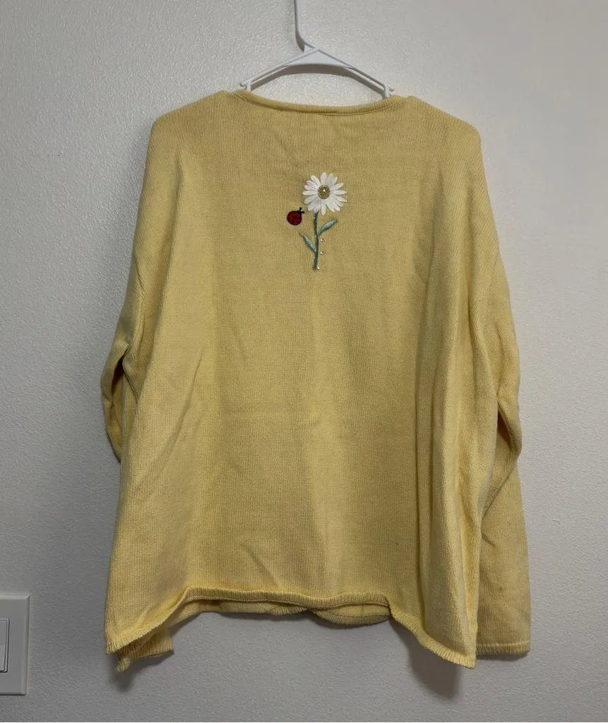 Tia Vintage Yellow Floral Lady Bug Patch Button Cardigan Rhinestone Buttons 2X - Image 6