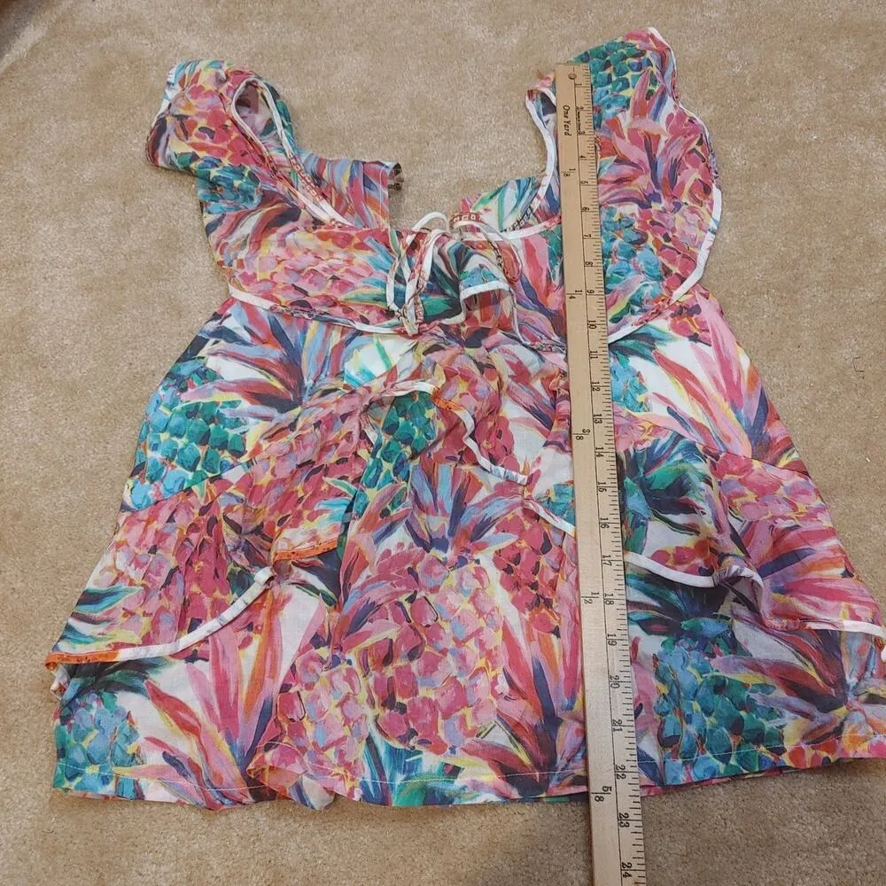 J. Crew Size 2 Floral Frilly Blouse Vibrant Pineapple Floral Pink Green White - Image 4