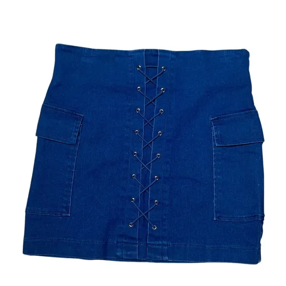 Jealous Tomato Chic Denim Skirt with Lace-Up Detail sz Small - Image 1