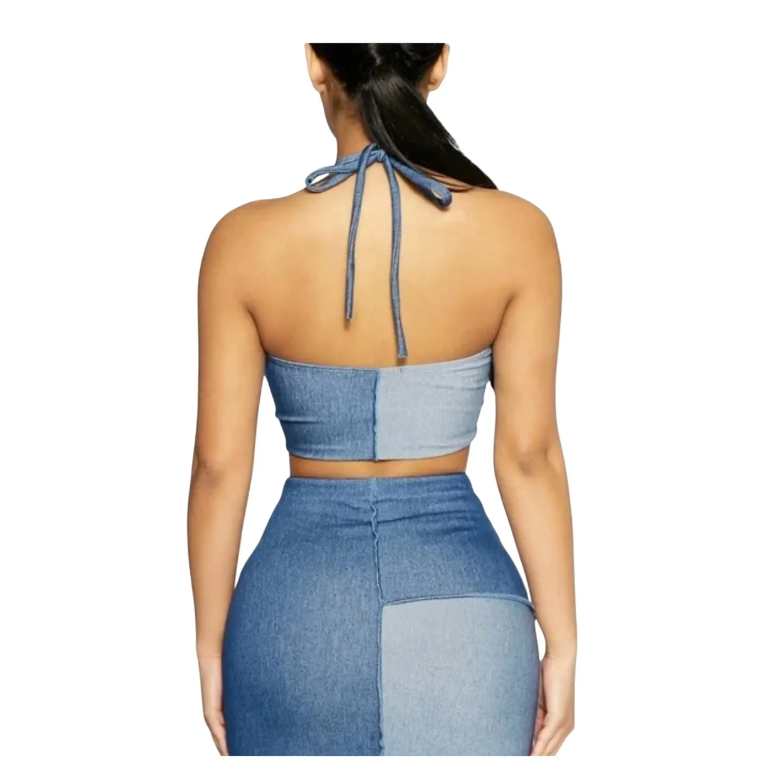 NAKED WARDROBE Denim Ruched Halter Crop Top Blue Size S NWT Club Concert Top - Image 3