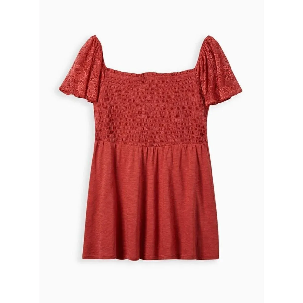 Torrid Smocked Lace Sleeve Babydoll Tank Blouse Cotton Burnt Orange Rust, 4X/26 - Image 10