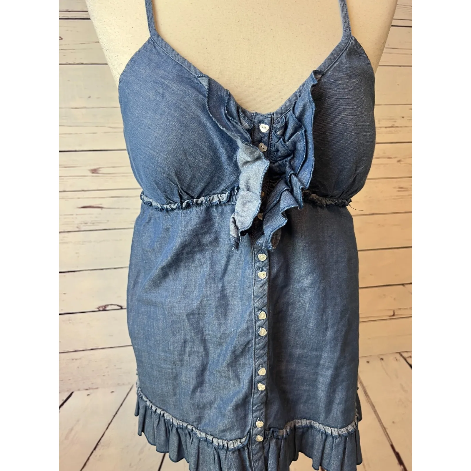 LEI Denim Shirt Halter Top XL‎ Babydoll Cami Tank Top Y2K Ruffle Smocked Jean Blue Size undefined - Image 9