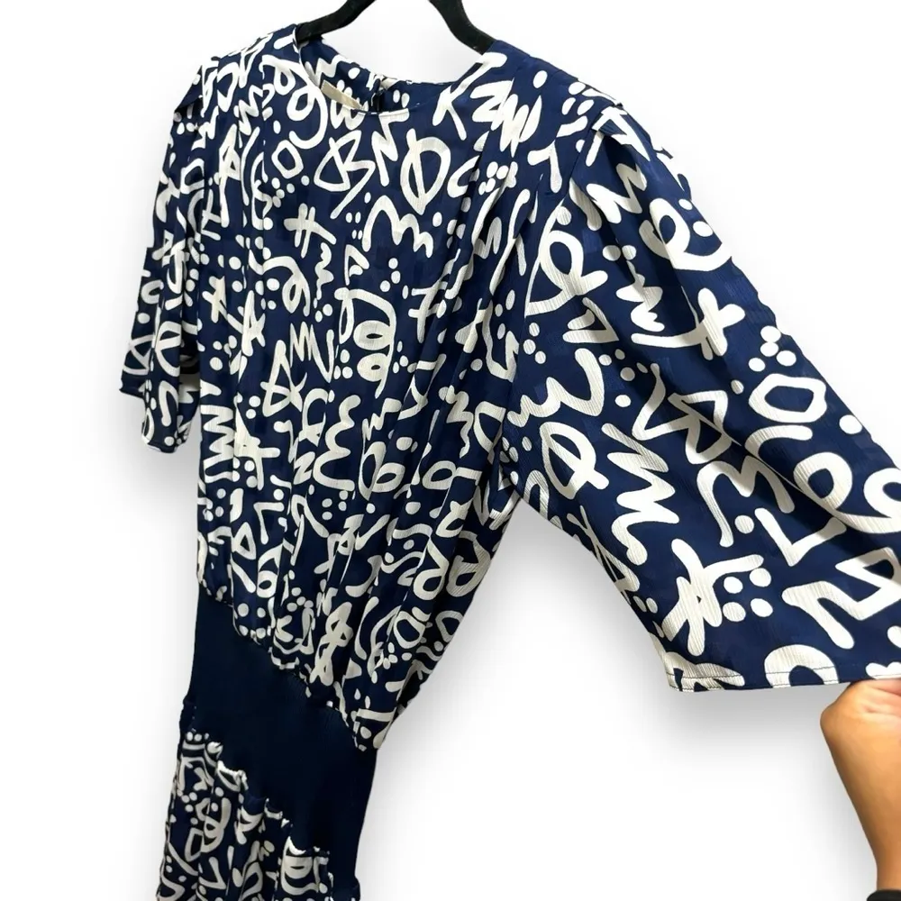 Vintage Liz Claiborne 80s 90s Padded Shoulder Navy White Midi Dress - 10 - Image 4