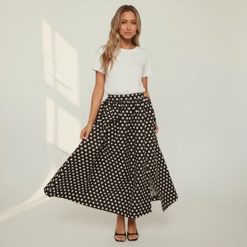 Petal & Pup Mable Black and White Polka Dot Maxi Skirt with side slit Size L - Image 2