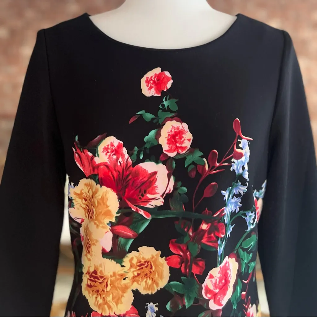 ECI Dress Black Floral Ponte Knit 6 Sheath Pencil Cocktail Garden Party Chic Mod - Image 4