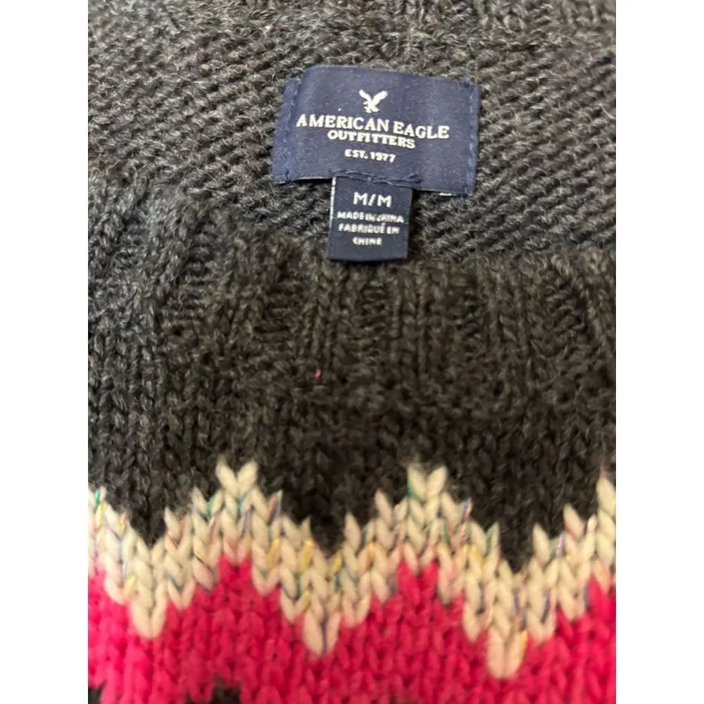 American Eagle Sweater Dark Gray Sweater With Bold Pink And Cream Design. Medium - Image 2