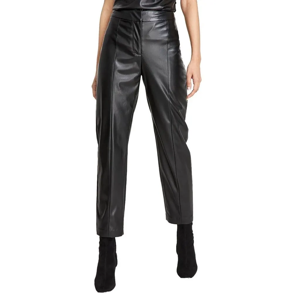 DKNY Faux Leather Ankle Pants Women XS Straight Leg Pleated Edgy Chic NWT - Image 3