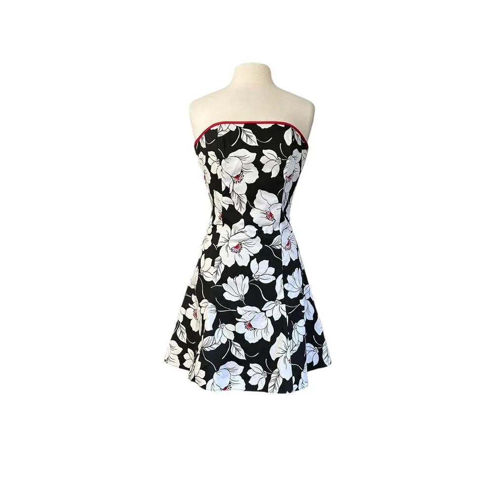 VTG GUNNE SAX Jessica McClintock Strapless Black White Floral Red Trim Dress  6 - Image 11