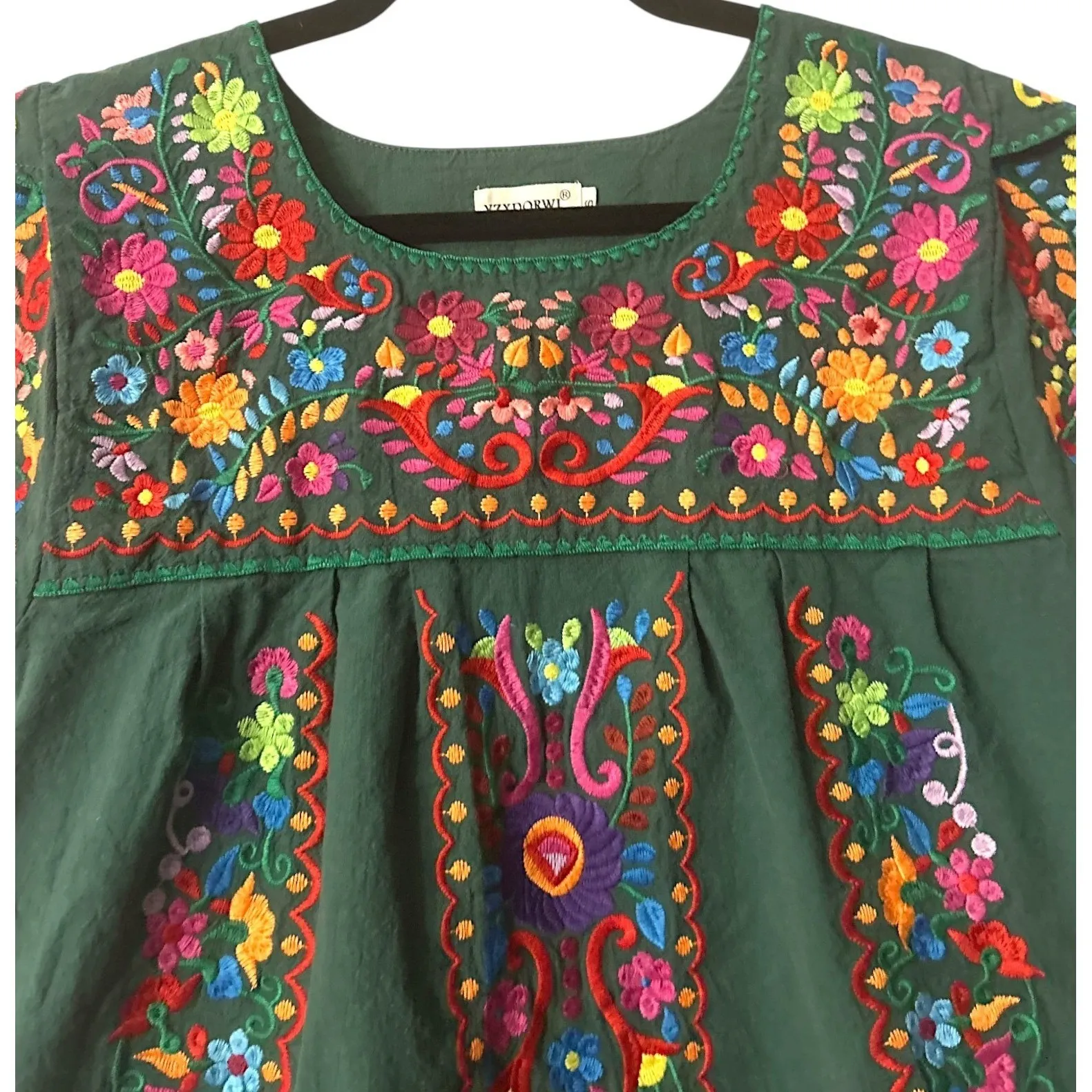 Mexican Embroidered Top S Green Puff Sleeve 100% Cotton Traditional Fiesta Artsy - Image 14