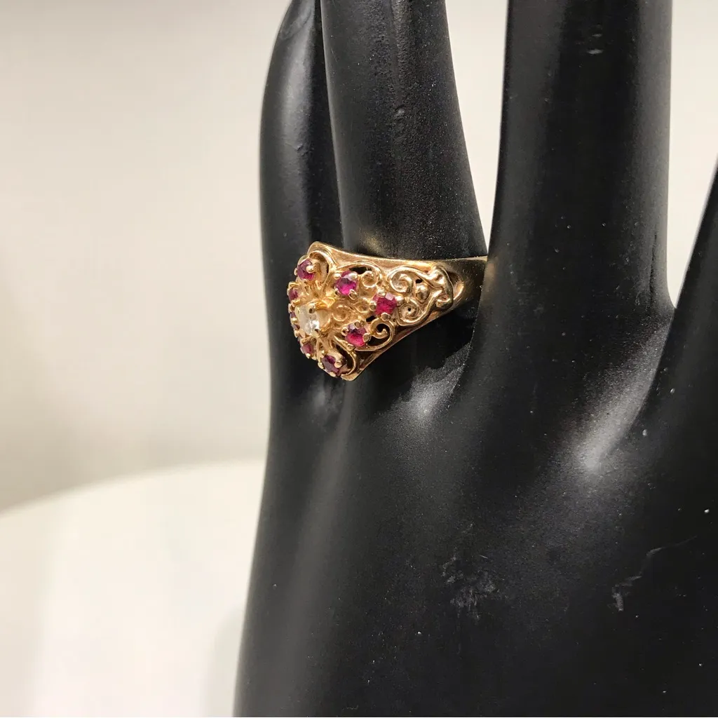10K SOLID YELLOW GOLD GENUINE DIAMOND AND RUBY FILAGREE RING (6.75) Red - Image 10