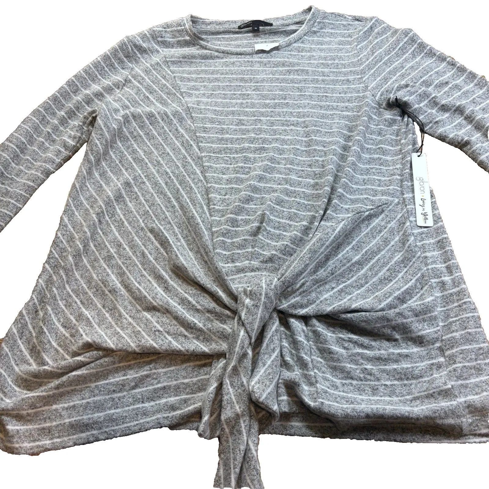 Gibson Tie Front Cozy Fleece Pullover Top Gray Ivory Stripe Size M Minimalist - Image 7
