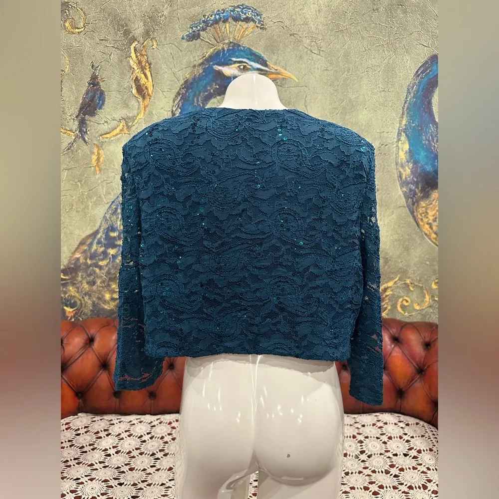 R&M Richards cropped sequence Blue Blazer with Textured Knit Open Front - Image 3