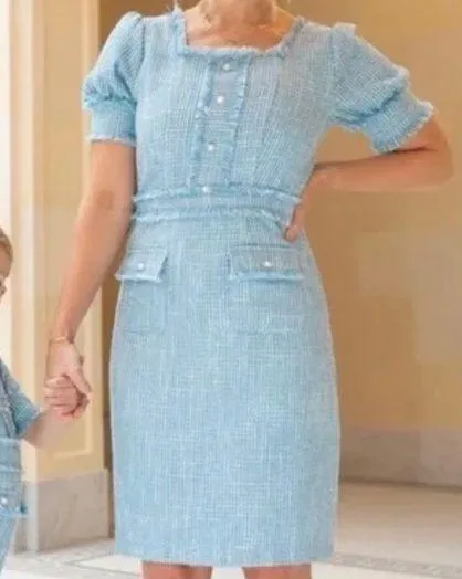 Ivy City Co Blue & White Tweed Pearl Short Sleeve Dress. - Image 11