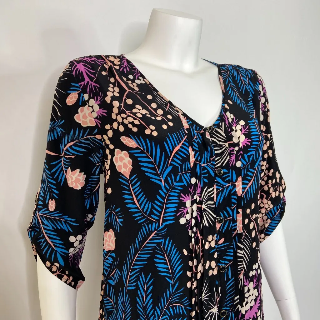 Yumi Kim 100% Silk Faux Button Dark Floral Blue Multi Color Top Size Small - Image 3