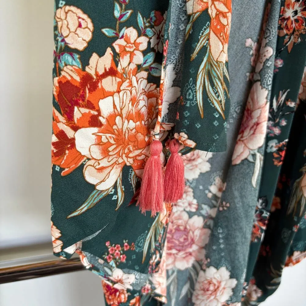 NWT Knox Rose Teal Floral Kimono Top Tassels Bohemian Flowy Feminine Resortwear - Image 5