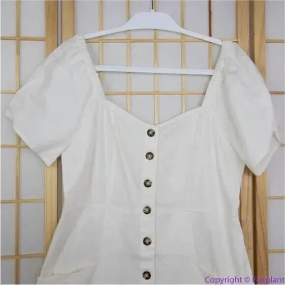 NEW Madewell‎ Linen-Cotton Puff-Sleeve Mini Dress, lighthouse, size 6 - Image 5