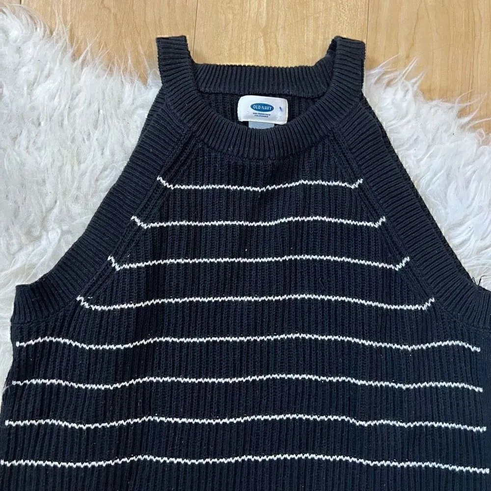 Old Navy High Neck Ribbed Knitted Black White Striped Sleeveless Sweater… - Image 2