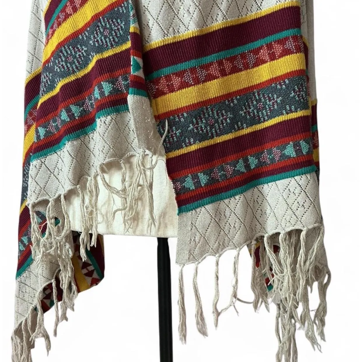Noble Boho Fringe Shawl Aztec Print Open Front Cardigan Cover Up Duster‎ Layer Tan Size M - Image 2