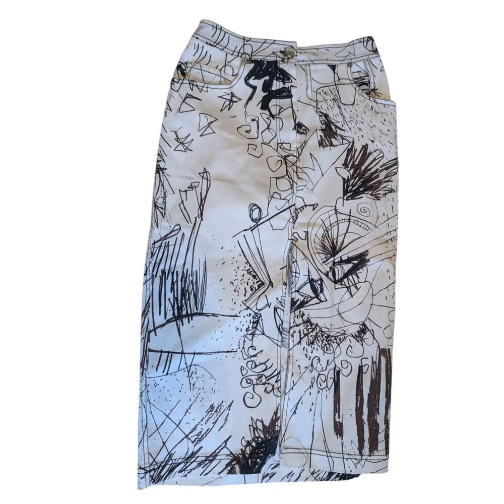 Vintage John Galliano Skirt Denim Pencil Sketches Printed Kendall Jenner Owned Brown Size XS - Image 2